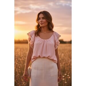 Philosophy - Pink Lace Flutter Sleeve Gathered Neck Blouse Top Sz. S Petite - B8